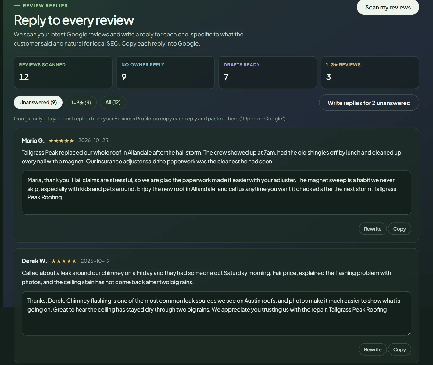 Review replies: the review counts, the Unanswered tab and reviews with draft replies, Rewrite and Copy buttons