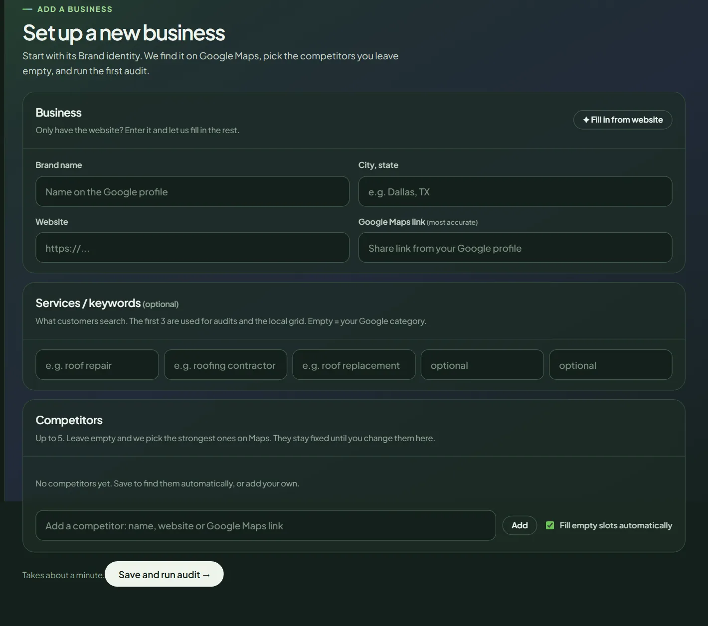 Set up a new business form with brand name, city, website, Google Maps link, keywords and competitors