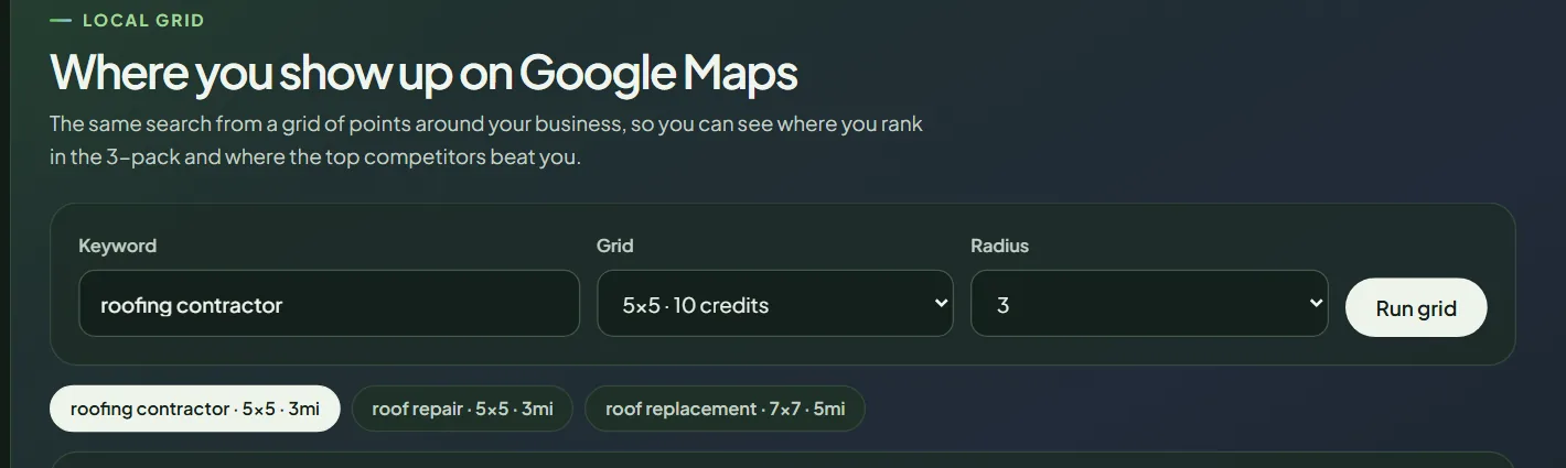 Local grid settings: keyword, grid size with its credit cost, radius and the Run grid button